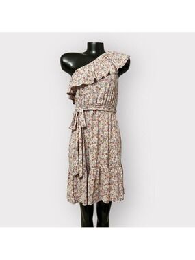 Heatherly NEW Single Shoulder Ruffle Midi Dress Womens sz M Gray Floral Coquette